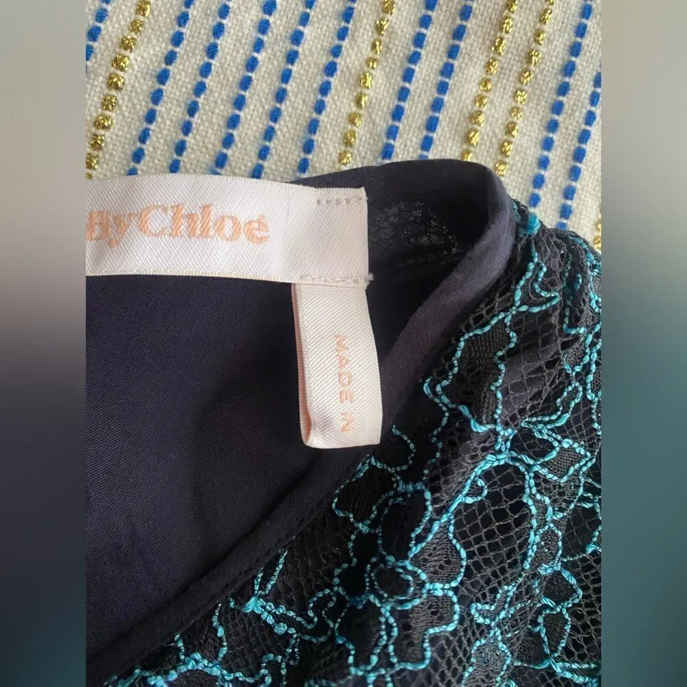 SEE BY CHLOE Black Blue Lace Knit Long Sleeve Boho Coquette Midi Dress Sz 40 US8
